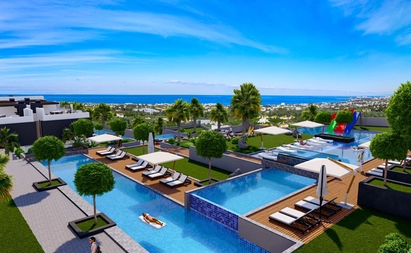 Modern 1-bedroom garden apartment in Spectra Project Lapta featuring stylish interior design, open-plan kitchen, spacious living area, and scenic mountain and pool views in North Cyprus.