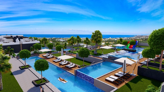 Modern 1-bedroom garden apartment in Spectra Project Lapta featuring stylish interior design, open-plan kitchen, spacious living area, and scenic mountain and pool views in North Cyprus.