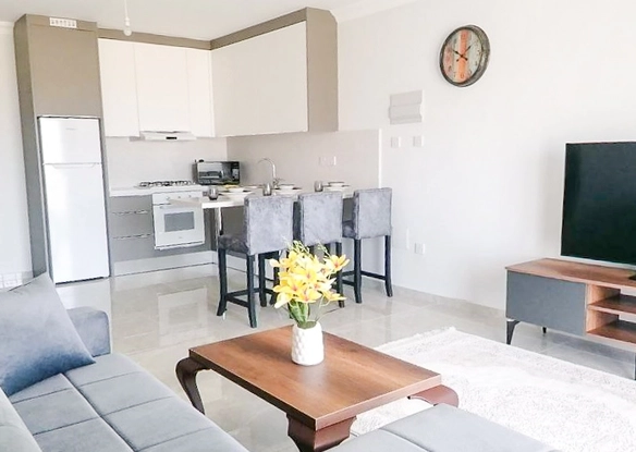 Fully furnished 1-bedroom apartment in Park Residence Long Beach with modern open-plan kitchen, bright living room, spacious balcony, and ready-to-move-in condition in North Cyprus