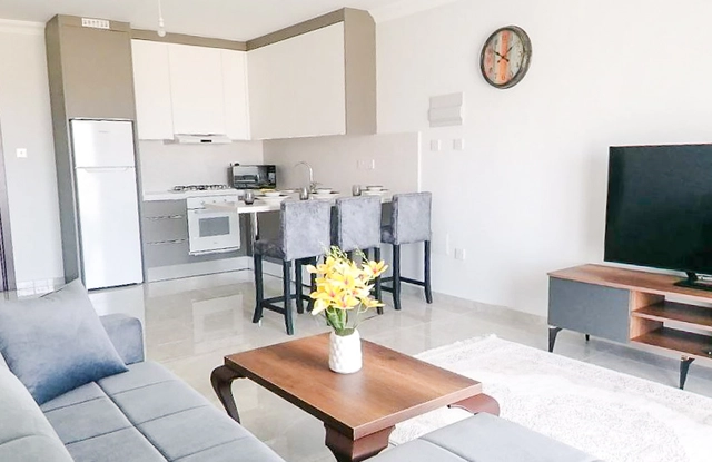 Fully furnished 1-bedroom apartment in Park Residence Long Beach with modern open-plan kitchen, bright living room, spacious balcony, and ready-to-move-in condition in North Cyprus