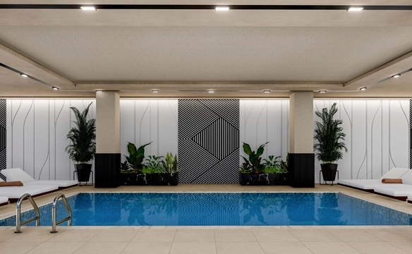 Modern 1-bedroom garden apartment in Spectra Project Lapta featuring stylish interior design, open-plan kitchen, spacious living area, and scenic mountain and pool views in North Cyprus.