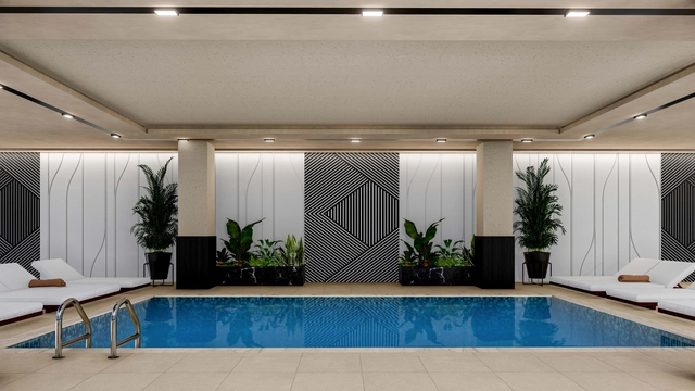 spectra facilities (2).jpg2 Modern 1-bedroom garden apartment in Spectra Project Lapta featuring stylish interior design, open-plan kitchen, spacious living area, and scenic mountain and pool views in North Cyprus.