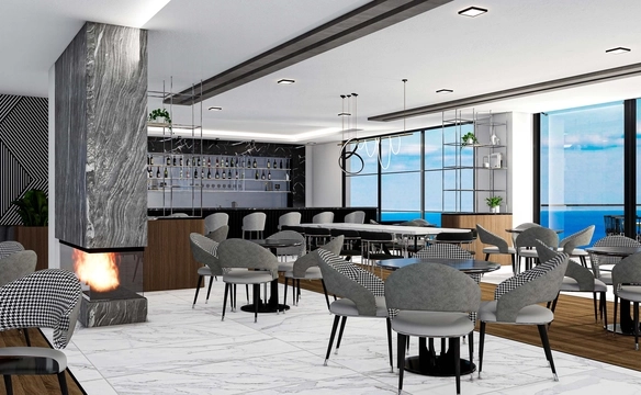 Modern 1-bedroom garden apartment in Spectra Project Lapta featuring stylish interior design, open-plan kitchen, spacious living area, and scenic mountain and pool views in North Cyprus.