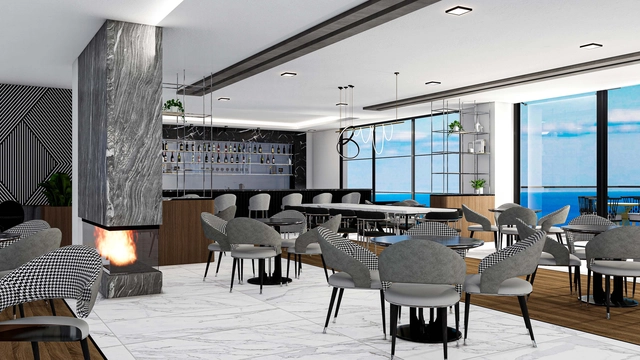 Modern 1-bedroom garden apartment in Spectra Project Lapta featuring stylish interior design, open-plan kitchen, spacious living area, and scenic mountain and pool views in North Cyprus.