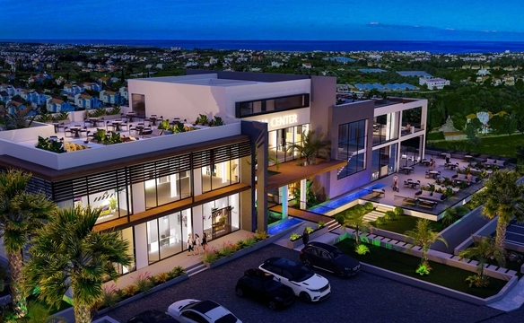 Modern 1-bedroom garden apartment in Spectra Project Lapta featuring stylish interior design, open-plan kitchen, spacious living area, and scenic mountain and pool views in North Cyprus.