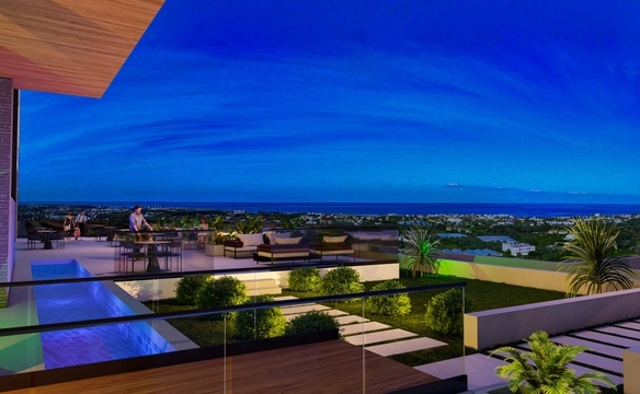 Modern 1-bedroom garden apartment in Spectra Project Lapta featuring stylish interior design, open-plan kitchen, spacious living area, and scenic mountain and pool views in North Cyprus.