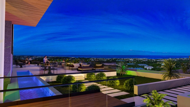 Modern 1-bedroom garden apartment in Spectra Project Lapta featuring stylish interior design, open-plan kitchen, spacious living area, and scenic mountain and pool views in North Cyprus.