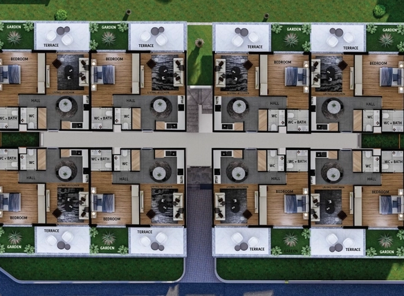 Modern 1-bedroom garden apartment in Spectra Project Lapta featuring stylish interior design, open-plan kitchen, spacious living area, and scenic mountain and pool views in North Cyprus.