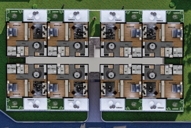 with name.png Modern 1-bedroom garden apartment in Spectra Project Lapta featuring stylish interior design, open-plan kitchen, spacious living area, and scenic mountain and pool views in North Cyprus.