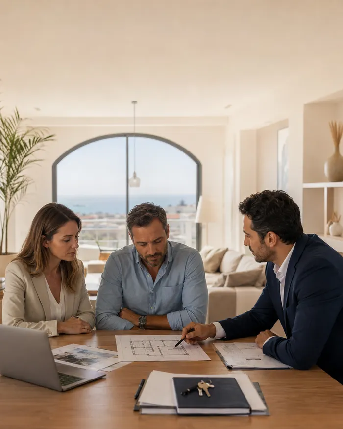 Foreign buyers reviewing property documents with a real estate consultant in North Cyprus