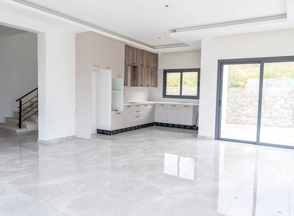 Three-bedroom semi-detached duplex villa with communal pool in Alsancak Yeşiltepe, Kyrenia, North Cyprus.